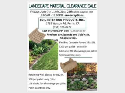 LANDSCAPE MATERIAL CLEARANCE SALE 8AM-12PM ONLY
